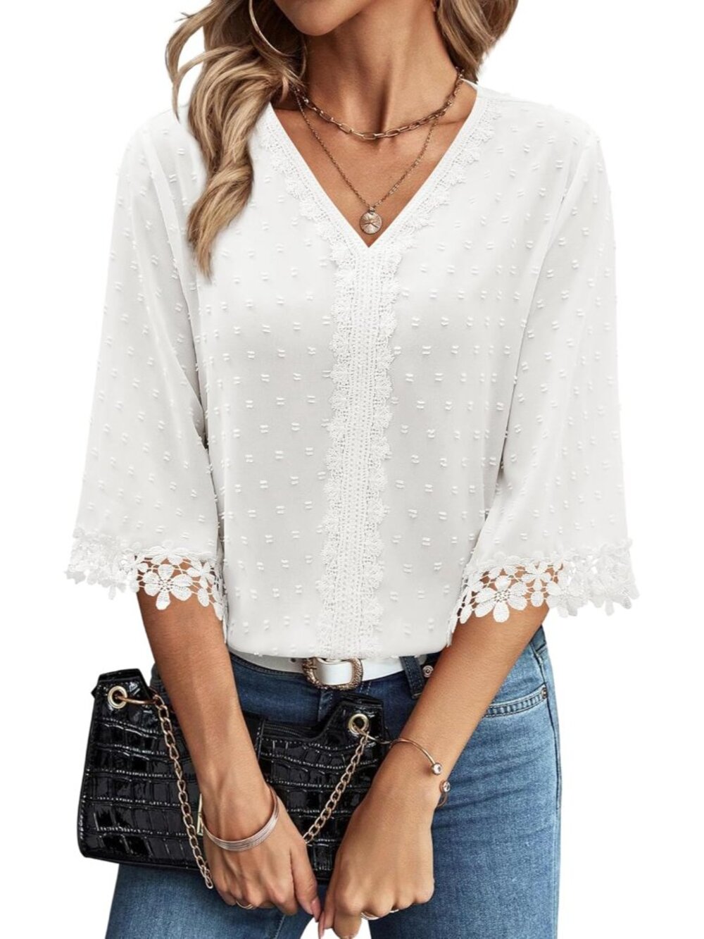 3/4 Length Sleeve Womens Tops Spring Tops for Women 3/4 Sleeve Boho Swiss Dot V